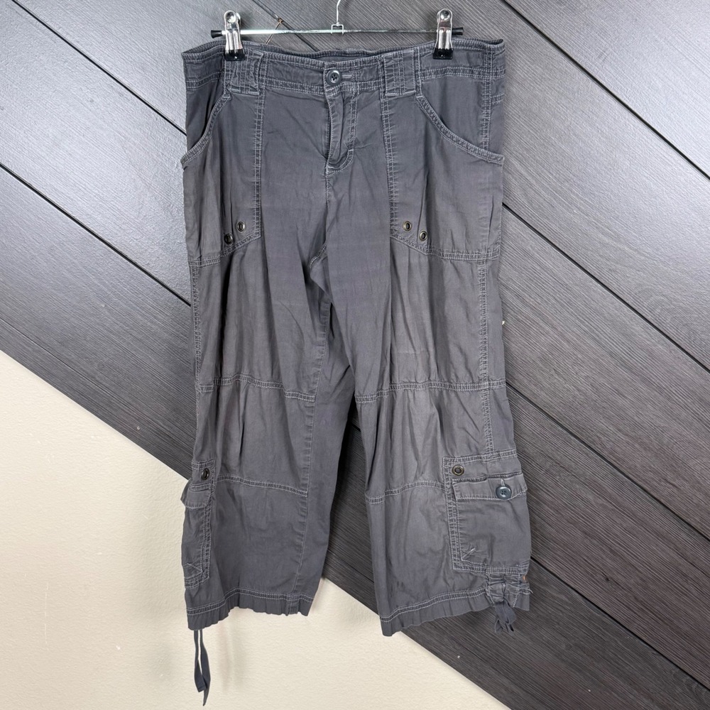 Lucy Women's Medium Gray Cotton Stretch Cargo Capri Pants Utility Drawstring